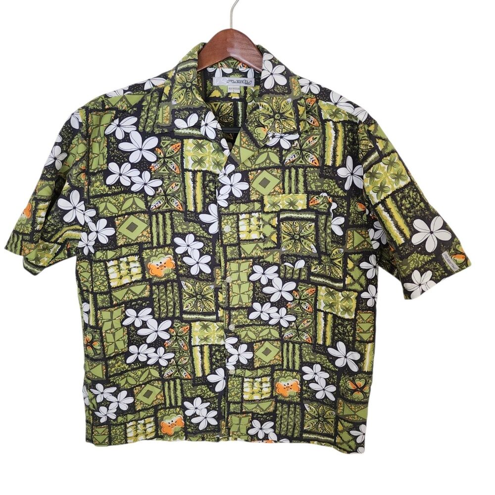 ​Rusty Hawaiian Shirt Men's Large Green Floral Short Sleeve Button Down Surf